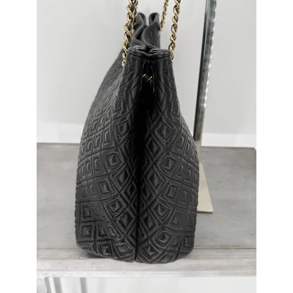 Tory Burch Fleming Black Leather Quilted Chain Tote Shoulder Bag Large Designer